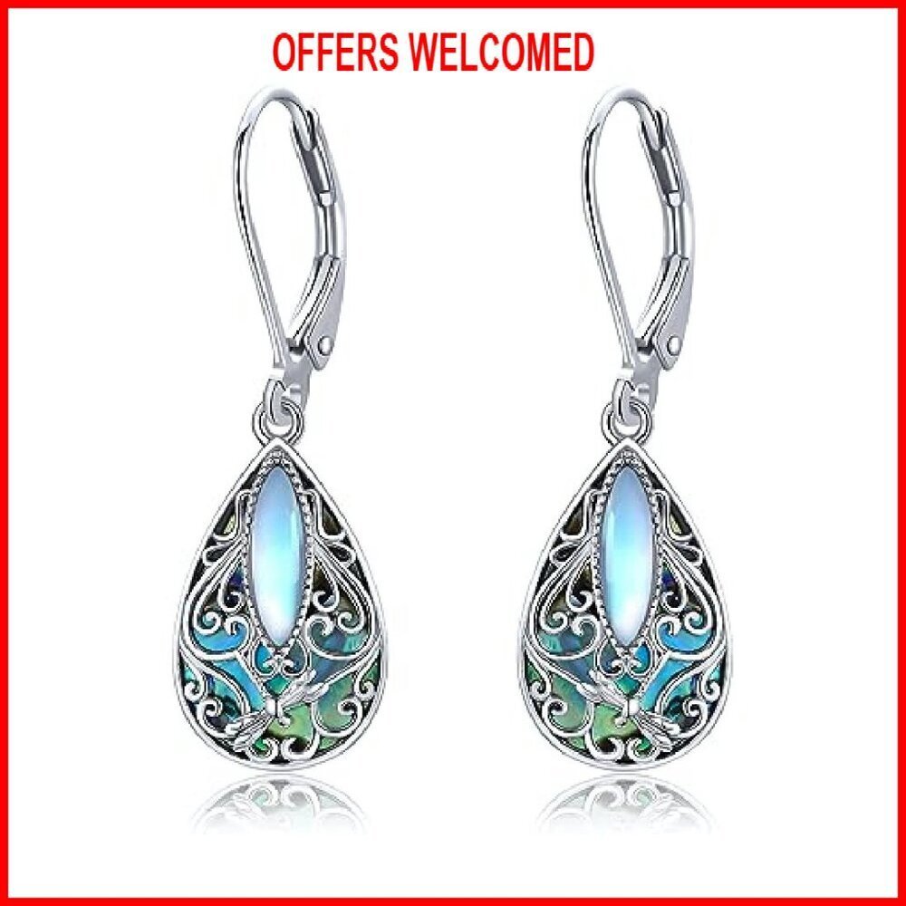 Sterling Silver Teardrop Abalone Shell Drop Dangle Earrings Leverback - Picture 2 of 8